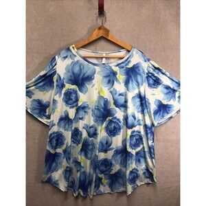 Curvy Lovey Top Size 4XL White Blue Floral Short Sleeve Flowy NWOT
